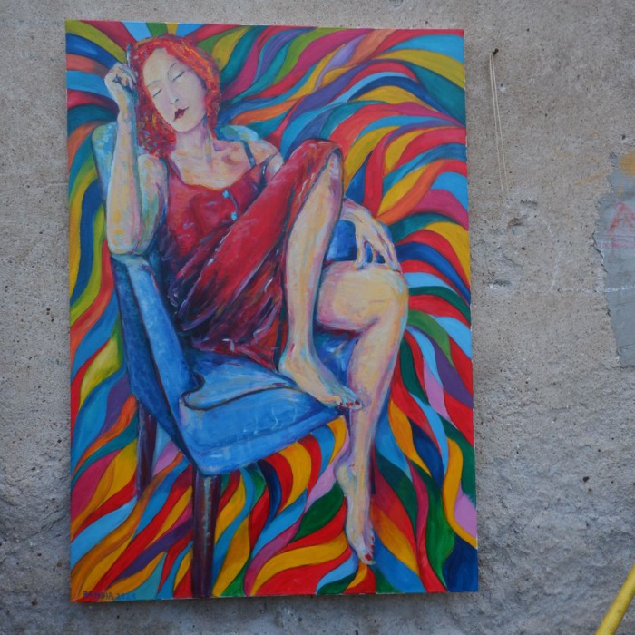 Obraz olejny, dziewczyna na fotelu, w ofercie Galerii Czarna Kura.